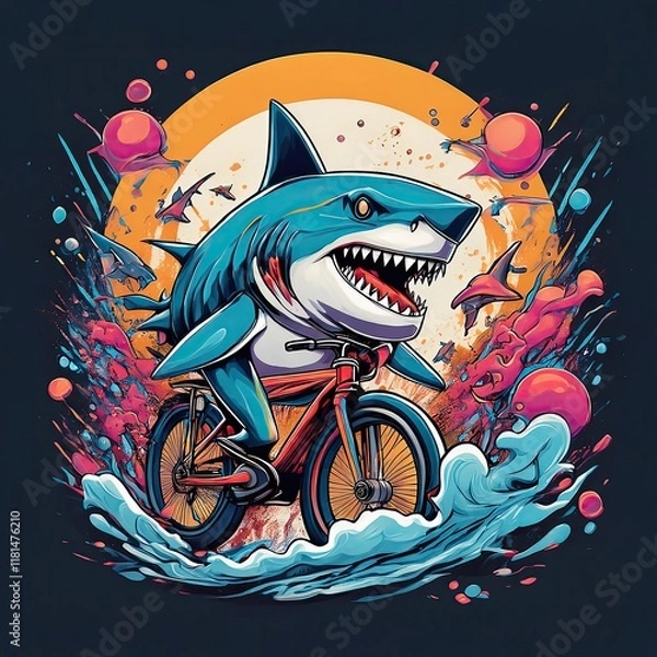Fototapeta Shark Riding Bicycle in Colorful Splash Art Design