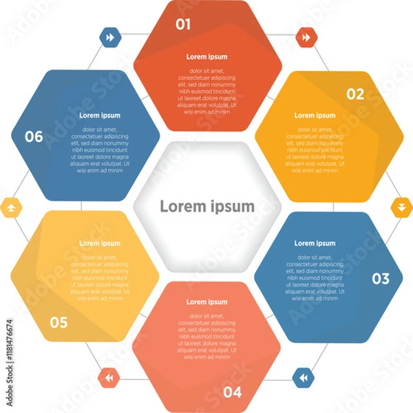 Fototapeta 6 Infographic modern Hexagonal Cycle Infographic Design Template with Six Steps