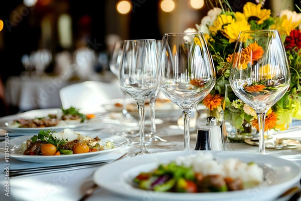 Obraz Elegant dinner table setting with food and flowers.