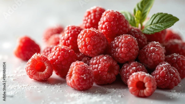 Fototapeta Fresh raspberries sprinkled with sugar on a light background