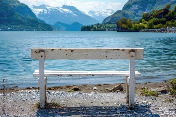 Obraz Relaxing Bench by the Serene Lake Norwegian Landscape Nature Photography Scenic View