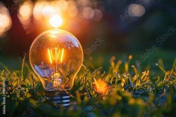 Obraz Illuminating Sunset Scene with Light Bulb on Grass Nature Photography Outdoor Serenity