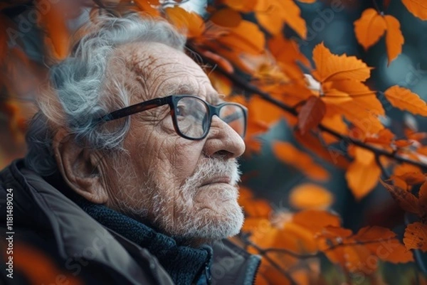 Obraz Reflective Elderly Man Enjoying Autumn Leaves in a Tranquil Nature Setting