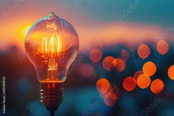 Obraz Captivating Light Bulb at Sunset Urban Setting Photography Warm Atmosphere Close-Up