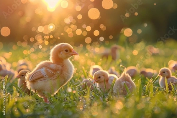 Obraz Charming Ducklings Playing in Sunlight Meadow Wildlife Photography Vibrant Environment