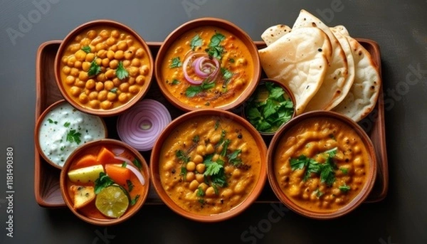 Fototapeta Authentic Indian Chole Bhature Served in Bowls with Fresh Ingredients and Accompaniments