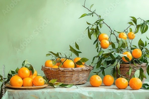 Fototapeta Orange fuit painting and one of them is sliced
