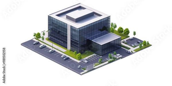 Fototapeta Isometric View of a Modern Office Building with Parking Lot and