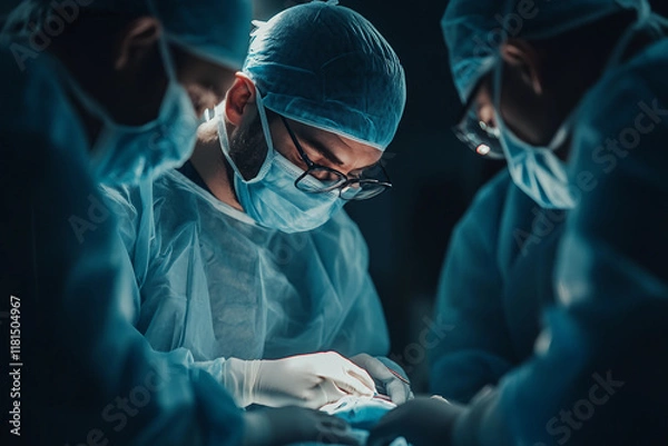 Fototapeta Generative AI image of surgeons performing a medical operation in a high-tech surgical room with advanced medical equipment