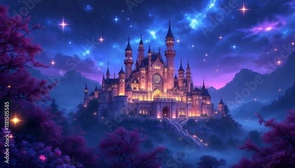 Fototapeta Enchanted Castle Underneath the Starlit Sky