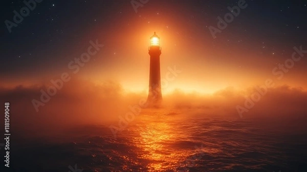 Obraz Luminous lighthouse beam cuts through dense fog at night, illuminating the sea.