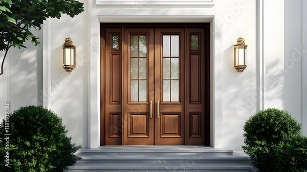 Fototapeta A grand wooden double door with glass windows, located in a minimalist setting.