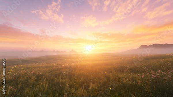Fototapeta 夕焼けと霧が織りなす草原の風景