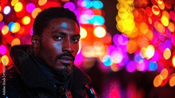 Fototapeta A man with a beard and a black coat stands in front of a colorful background. The man's face is the main focus of the image, and the background is a mix of bright and colorful lights