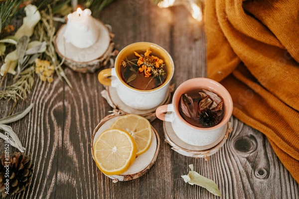 Obraz Cozy winter vibes with herbal tea, dried citrus slices, and seasonal decor – Christmas lights and fir tree branches