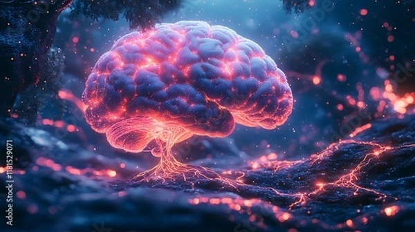 Fototapeta Conceptual image of a human brain connected to a digital network via glowing neural wires symbolizing braincomputer interfaces and advanced technology