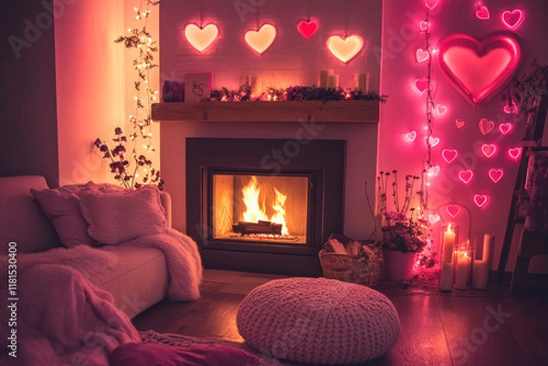 Obraz Photo of a cozy living room with a lit fireplace, neon heart lights, and pink decor, creating a romantic and warm atmosphere for Valentine’s Day celebration
