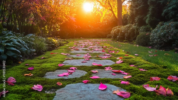 Fototapeta 夕日に照らされる苔むした庭園と紅葉が散った石畳の小道