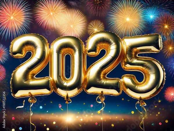 Fototapeta Glowing "2025" letters in vibrant neon colors, set against a bustling city skyline illuminated by dazzling fireworks and shimmering lights, festive and ultra-detailed