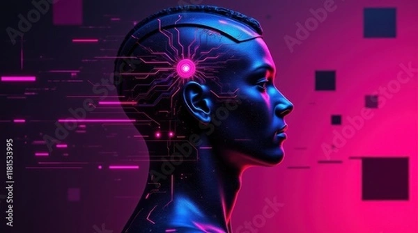 Fototapeta Futuristic Human Head Profile With Integrated Digital Circuits and Neon Lights