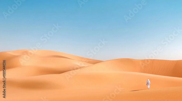 Fototapeta Astronaut explores sunlit desert with towering sand dunes