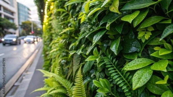 Fototapeta A densely planted vertical garden integrated into a noisereduction wall. Closeup images reveal the diverse array of leaves from shiny broad leaves to delicate ferns. Tiny droplets