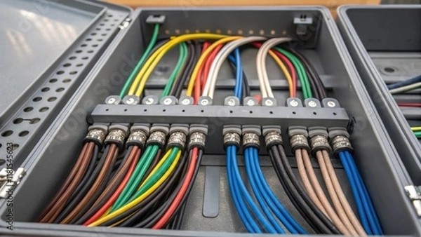 Fototapeta A detailed inspection of cable routing within an open tray where different gauge wires are bundled together showing their paths as they twist and turn. The close proximity reveals