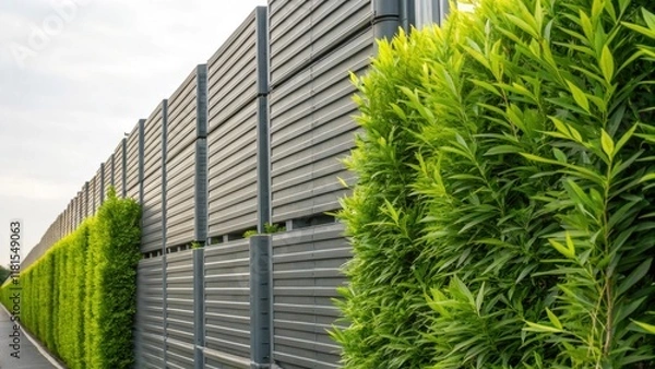 Fototapeta A focused shot of the vibrant green plants growing alongside a stack of noise barrier panels. The contrast between the organic greenery and the manmade structures creates a