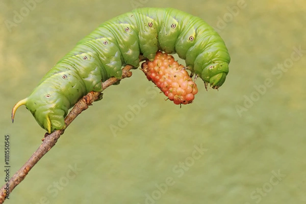 Fototapeta A tobacco hornworm is eating ripe mulberry fruit on the tree. This bright green caterpillar has the scientific name Manduca secta.
