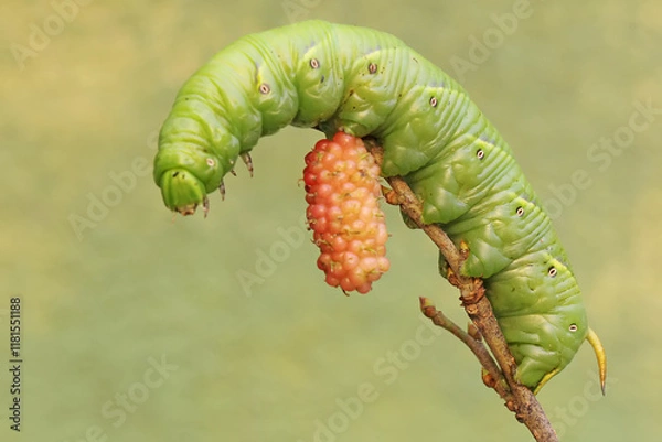 Fototapeta A tobacco hornworm is eating ripe mulberry fruit on the tree. This bright green caterpillar has the scientific name Manduca secta.