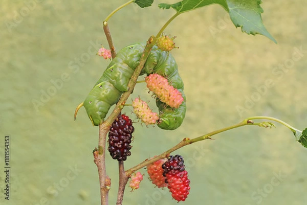 Fototapeta A tobacco hornworm is eating ripe mulberry fruit on the tree. This bright green caterpillar has the scientific name Manduca secta.