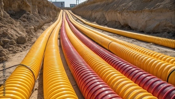 Fototapeta A vibrant image portrays preformed cable ducts arranged in a serpentine flow their flexibility and modularity evident in their curved configurations. A few sunlight reflections on