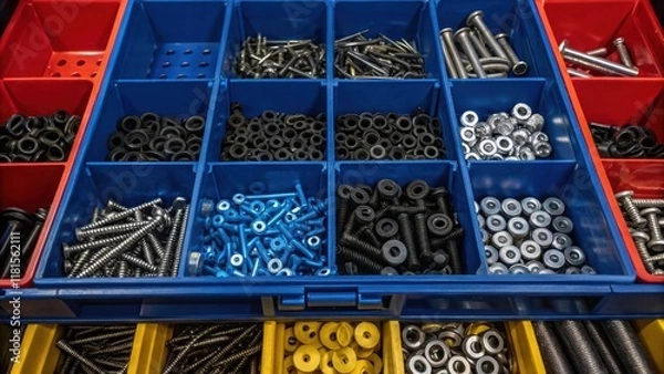 Fototapeta A vibrant panorama of a storage bins interior filled to capacity with assorted rail fasteners. The scene is bustling with colors â€“ deep blues metallic silvers and bold blacks â€“