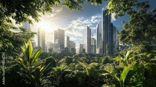 Fototapeta A harmonious urban environment with skyscrapers and diverse plant life, creating a balanced ecosystem