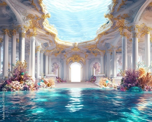 Fototapeta Submerged palace, underwater architecture, fantasy scene, coral, columns, archway, turquoise water, ethereal, dreamy, magical, light, beauty, ocean, sea, paradise.