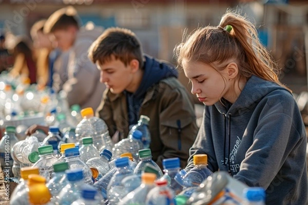 Fototapeta Group of young volunteers focus on sorting plastic bottles during an environmental cleanup project in a community area. They collaborate on an important task to promote recycling and sustainability