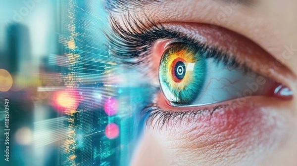 Obraz A close-up of a vibrant human eye with colorful reflections and digital elements in the background.