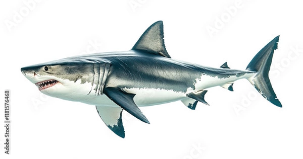 Fototapeta Realistic great white shark with detailed texture, sharp teeth, underwater predator, dangerous ocean fish, marine wildlife illustration, aquatic creature isolated on transparent background
