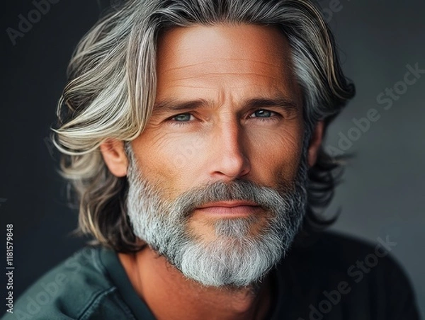Fototapeta Mature man with long, flowing hair and a well-groomed beard gazes thoughtfully toward the camera in soft lighting that highlights his features and creates a serene atmosphere