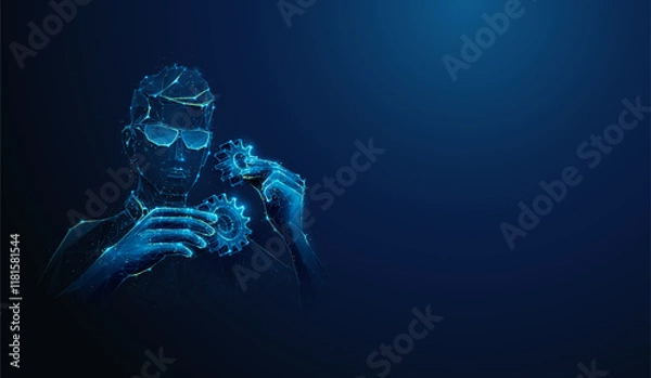 Fototapeta Abstract illustration of low poly engineer developer assemble cogwheel gears mechanism. Blue geometric background depicting innovation development, industrial engineering concept by wireframe mesh