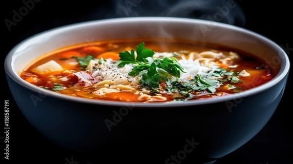Fototapeta A steaming bowl of vibrant soup garnished with herbs, showcasing rich colors and textures against a dark background.