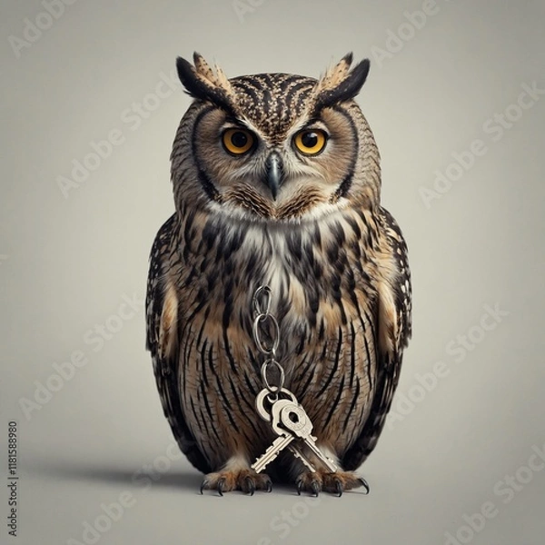 Fototapeta A sketch of an owl holding a key, clear background.