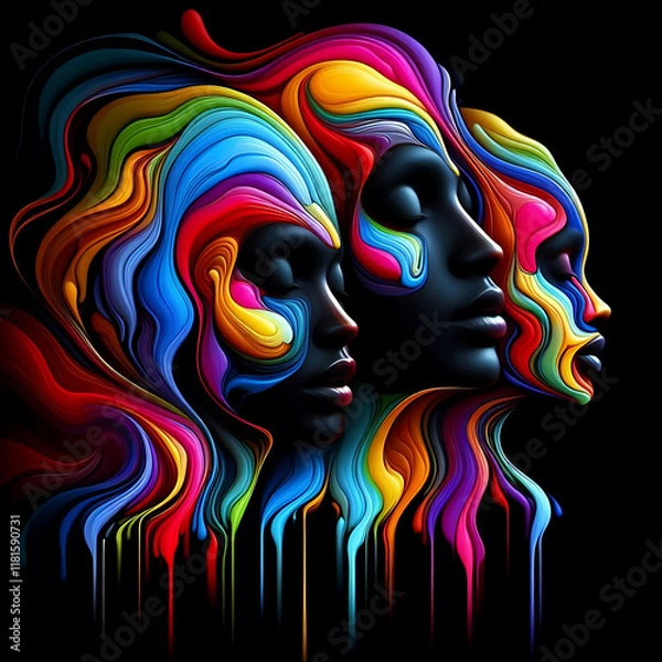 Fototapeta Abstract portrait featuring female faces surrounded by colorful, fluid patterns and gradients, symbolizing creativity and modern art.