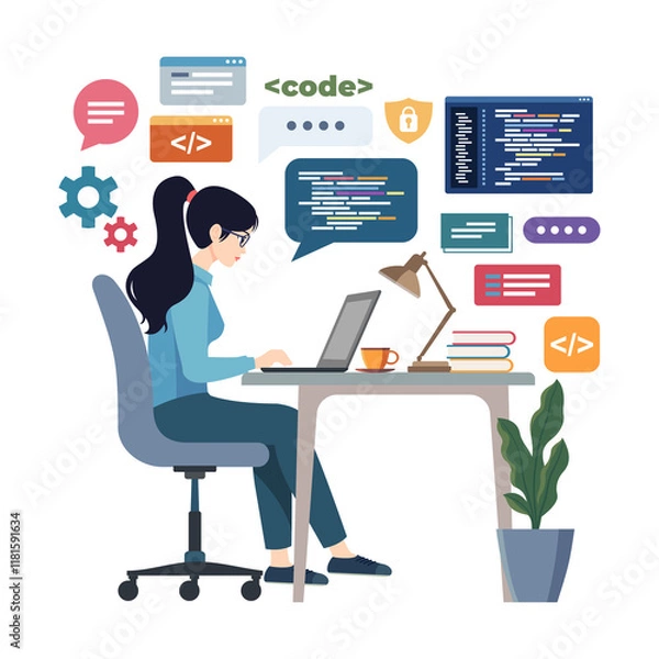 Obraz Flat Vector Design Illustration Image of a Female Programmer sitting facing a laptop doing coding, Isolated white background