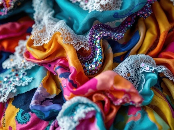 Fototapeta Vibrant fabric with sequins and lace for fashion and textile design