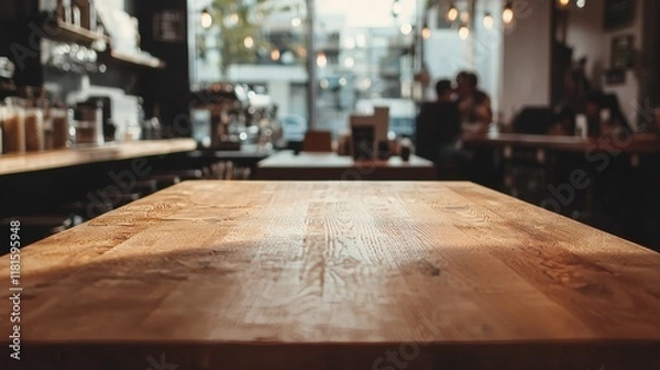 Fototapeta A counter table top made of end grain wood, set against a blurred white kitchen wall background, for product display montages.