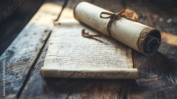 Fototapeta Ancient scroll and parchment on a wooden table.