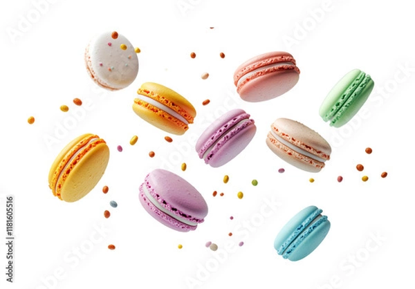 Fototapeta Colorful macarons float through the air in a whimsical display of sweet delight. Isolated on transparent background, png.