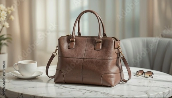 Fototapeta women's handbag displayed on a marble table with soft lighting