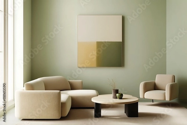 Obraz A modern minimal living room with soft pistachio walls, sleek beige furniture, and a single, bold abstract painting.